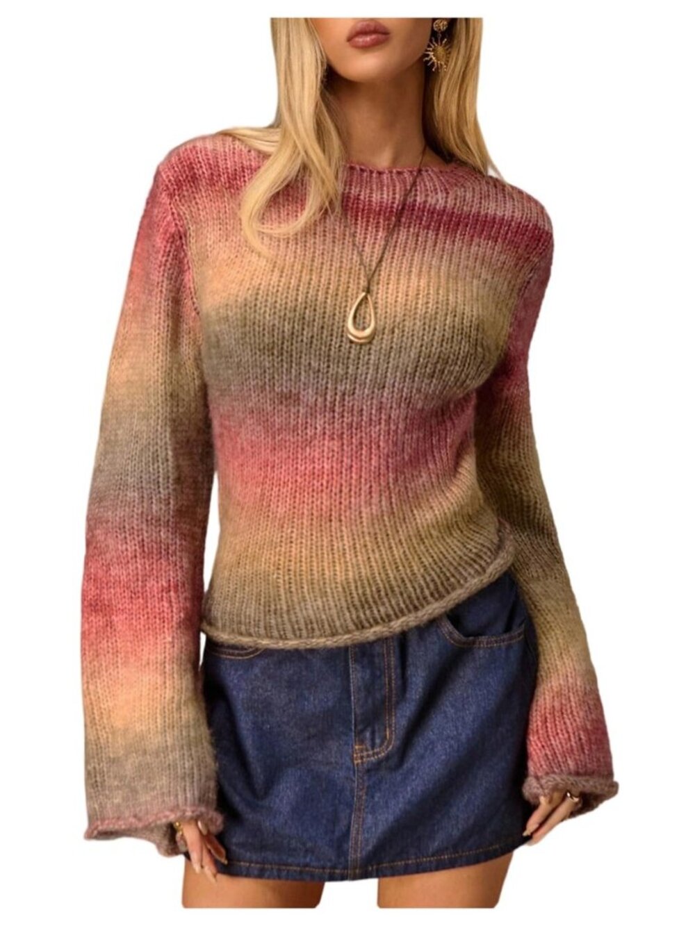 Women's Y2k Sweaters Bell Long Sleeve Tops Ombre Ribbed Tops